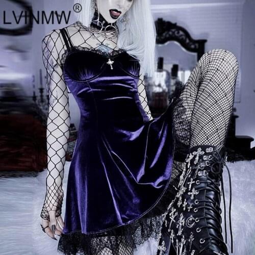 LVINMW Gothic Fashion Straps Lace Decorative Cross Slip Dress Labeling Patchwork Goth Slim Girls Mini Dresses Women For Summer