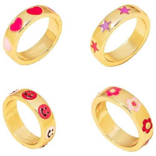 MIQIAO Gold Plated Ins Simple Style Smile Face Love Heart Vintage Boho Rings for Women Couple Friends Gift Fashion Jewelry Bague
