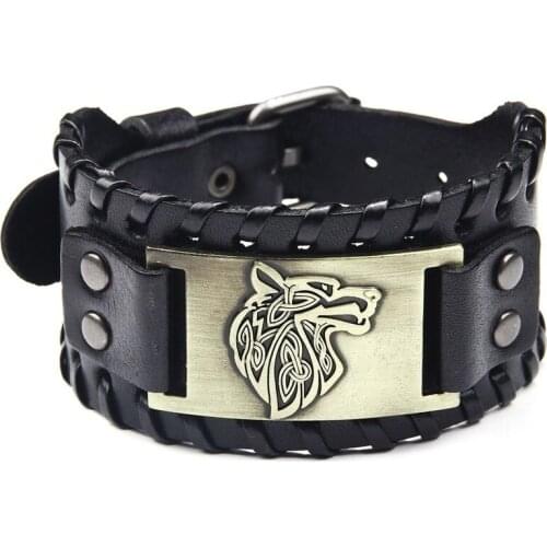 Fashion Men Stainless Steel Wolf Head Bracelet Mens Leather Woven Bracelet
