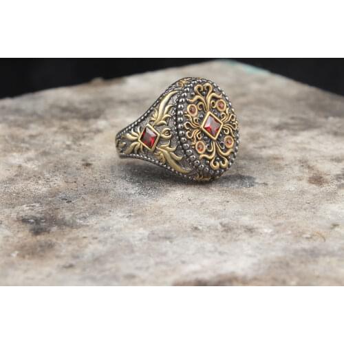 925 Sterling Silver Red Micro Zircon GemStone Men Silver Ring, Vintage Silver Ring For Men, Handmade Engraved Mens Ring