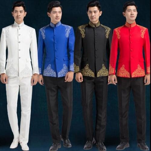 Chorus mariage groom wedding suits for men blazer boys prom suits fashion slim latest coat chinese tunic suit embroidery red