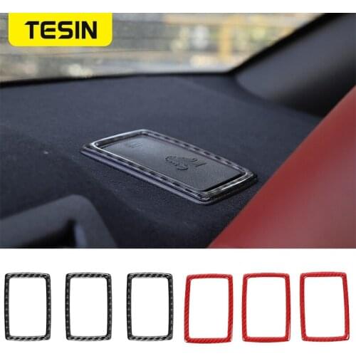 TESIN Carbon Fiber Stickers Car Interior Seat Belt Buckle Decoration Cover Trim Accessories for Dodge Challenger 2015-2020