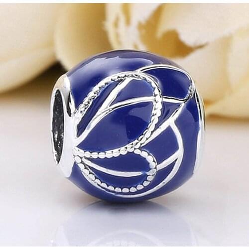 Original Blue Enamel Leaves Round Beads Fit 925 Sterling Silver Bead Charm Bracelet Bangle Diy Jewelry