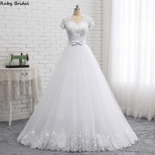 Ruby Bridal 2021 Elegant Vestido De Noiva Short Sleeve Ball Gown Wedding Dresses White Tulle Appliques Beaded Bridal Gown PW1902