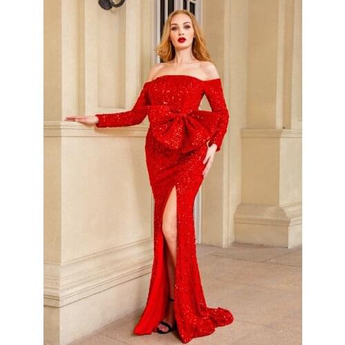 Red Sequined Velvet Evening Party Dress Bow Split Leg Slit Front Cut Out Off the Shoulder Slash Neck Stretch Maxi Dress