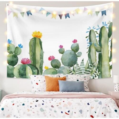 Cartoon Cactus Flower Tapestry Vintage Exotic Summer Plant Nature Frame for Bedroom Photography Wall Decor