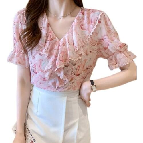 Woman Blouses Chiffon Printed V-neck Shirt Summer Fashion Womens Short Sleeve Ruffled Floral Tops Blusas