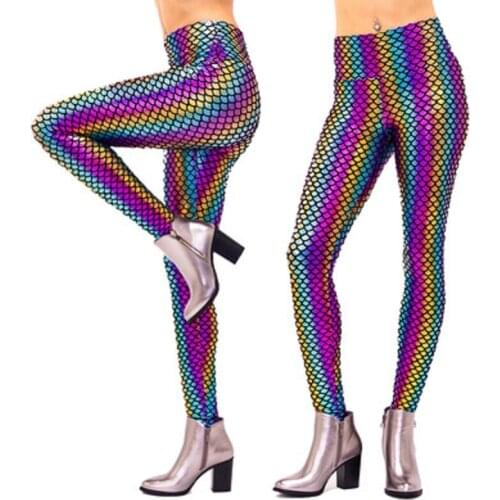 Women tangas sexys Patent Leather Leggings Rainbow Fish-Scale Skinny Hip Hop Pants Club Dancing Stage wear lingerie hot