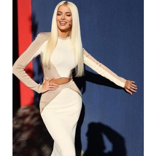 Women Winter Styl Sexy Patchwork Long Sleeve Two Pieces White Bandage Set 2021 Celebrity Designer Fashion Womens Set