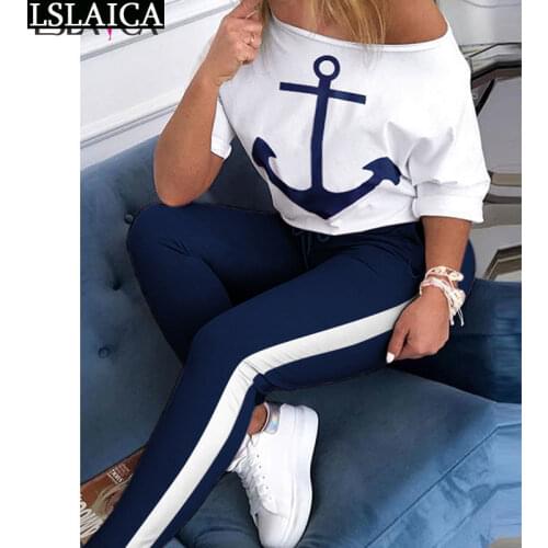 Sweatsuits for women skew Neck Half Sleeve anchor print Tops & Colorblock Drawstring Pant streetwear womens two piece sets