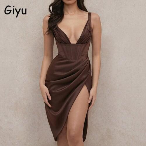 Giyu Summer Sexy Bodycon Satin Dress Women 2021 Night Club Party Irregular Midi Dresses Elegant Backless V Neck Ruched Vestidos