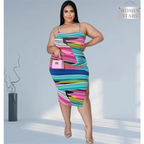 Plus Size Dress Summer Clothing Sexy Fashion Stripes Printing Tie Dye Short Sleeve Dresses for Women 2021 Wholesale Dropshipping
