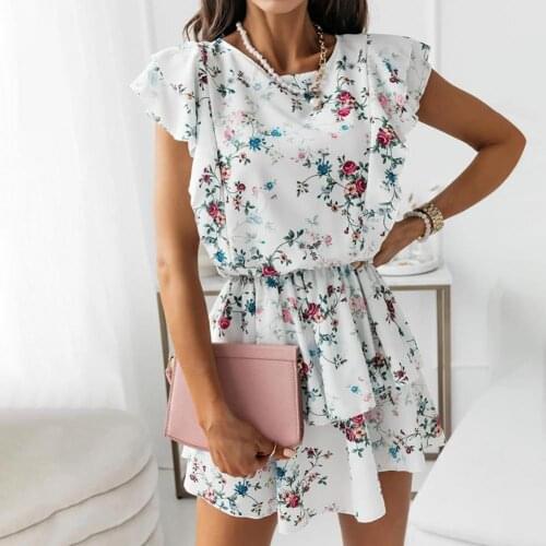 Women Floral Print Mini Doule Layer Ruffles Sleeveless Summer Dress Sundress for Beach