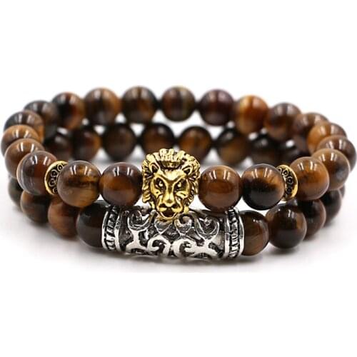 2 pcs set Antique Silver Plated Lion Head Charm with Lava Onyx Natural Stone Beads Bracelet Set Pack For Men Women