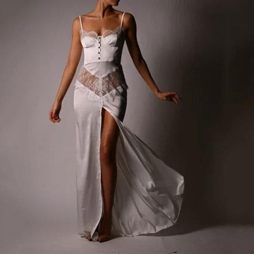 2021 Elegant Womens Long Dress Sexy See-through Lace Slim Height Split Suspender Dress Fashion Celebrity Catwalk Party Dresses