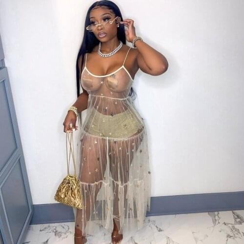 2021 Summer Sexy Mesh Beach Y2K Maxi Dresses Women Spaghetti Strap Ruffle Robe Swimwear New Fashion Backless Swimsuit Cover Up