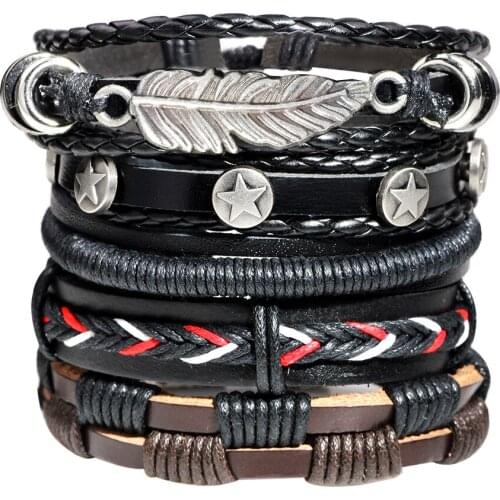 5pcs/set Boho Gypsy Hippie Punk Feather Star Charm Black Leather Cord Rope Wrap Knot Layer Stacked Bracelets Set for Man Jewelry