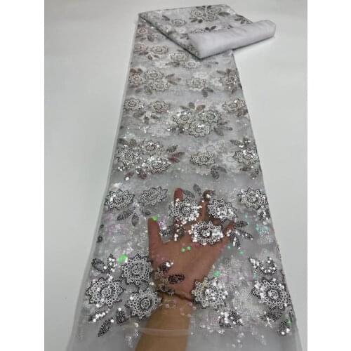 African Mesh Lace Fabric 5 Yards Nigerian Pure White Robe Sew Material High Quality Sequins Tulle Embroidery Handcut Lace