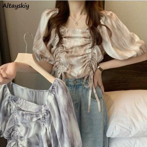 Blouses Women Korean Style Fashion Gradient Slim Square Collar Sexy Female Tops Short Sleeve Summer Shirring Casual Lady Chic