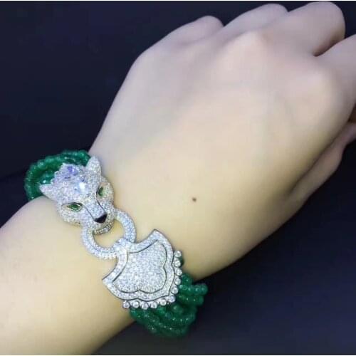 Natural semi-precious stone bracelet multi layers 925 sterling silver with cubic zircon leopard lock fine women jewelry