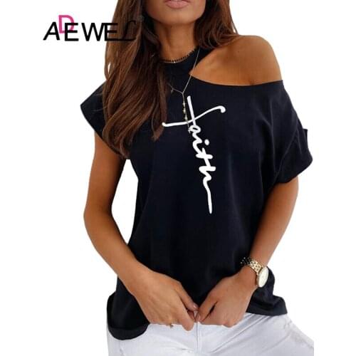 ADEWEL Letter Print Short Sleeve Cold Shoulder Casual Black Plus Size T Shirt Ropa De Mujer Women Harajuku Tops Clothes 2XL