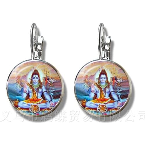 Classic India Earrings God Brahma,Vishnu, Lord Shiva Jewelry 16mm Glass Cabochon Silver Plated Stud Ear Religion Jewelry Gift