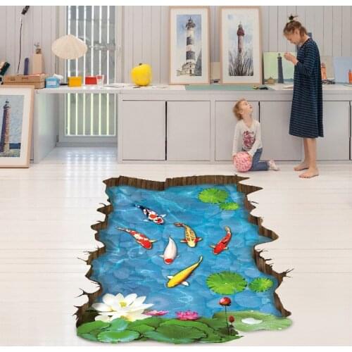Lotus pond goldfish Floor Stickers PVC Material 3D Art wall poster for Living room bathroom Floor wall decoration stickers