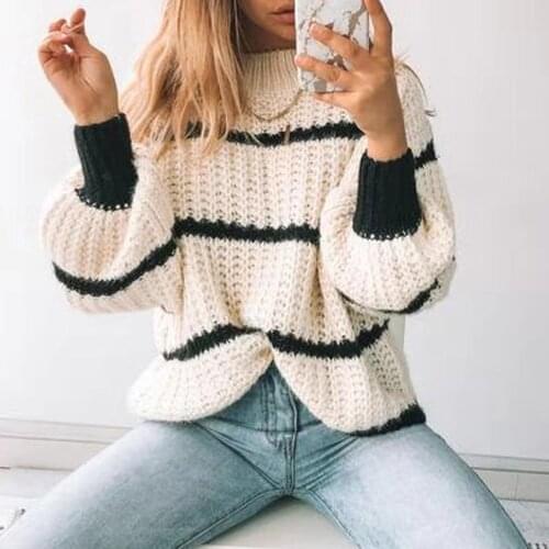 Fashion Striped Knitted Sweater Women Ribbed Pullover Ladies Autumn Loose Sweaters Retro Jumper Top Femme Sueters De Mujer