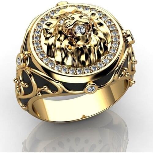 Male Black Stone Lion Head Punk Rings For Women Men Animal Jewelry Retro Fashion Yellow Gold Color Hip Hop Engagement Ring Gifts