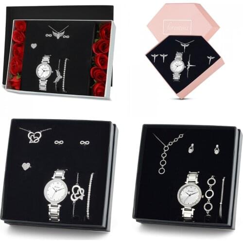 Silver Plated Woman Watch Sets, Necklace, Watch, Bracelet, Earrings and Ring Set, Heart, Round, Angel Wing Jewelry Gift Elegand