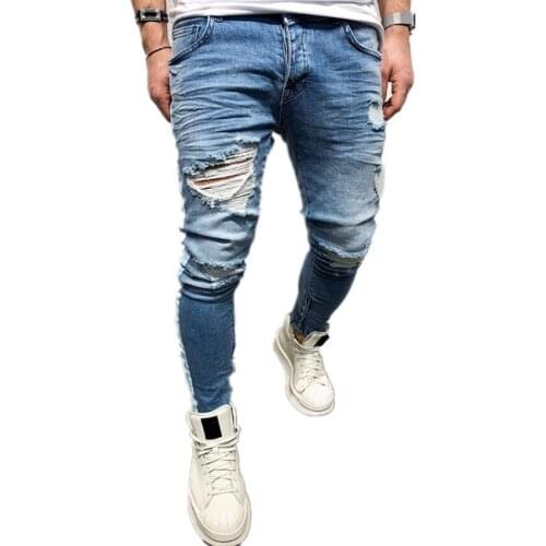 NEW 2019 men hole blue jeans Skinny-fit Fashion jeans