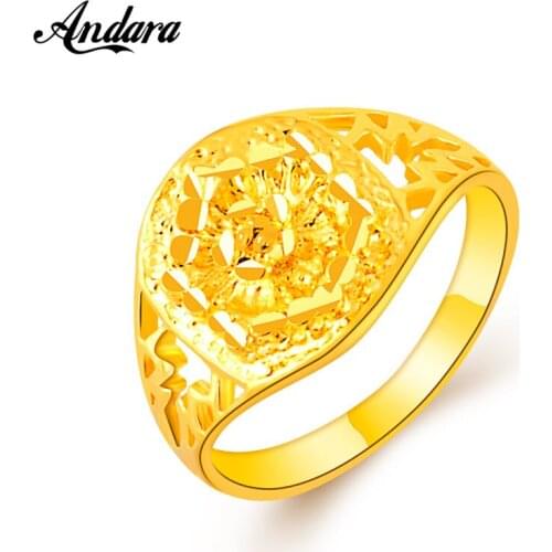 2018 New Arrival Yellow Gold Color Wedding Rings 24K Gold Filled Jewellery Vintage Finger Rings Free Size 6 7 8 9 JR085