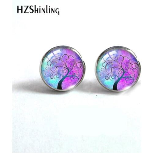 New Arrival Beautiful Colorful Tree Landscape Round Print Handmade Glass Dome Stud Earrings