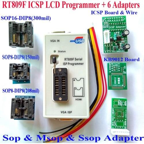 Free Shipping Original RT809F programmer + VGA LCD ICSP Programmer + ICSP cable board + 6 Adapters 24 25 93 serise IC