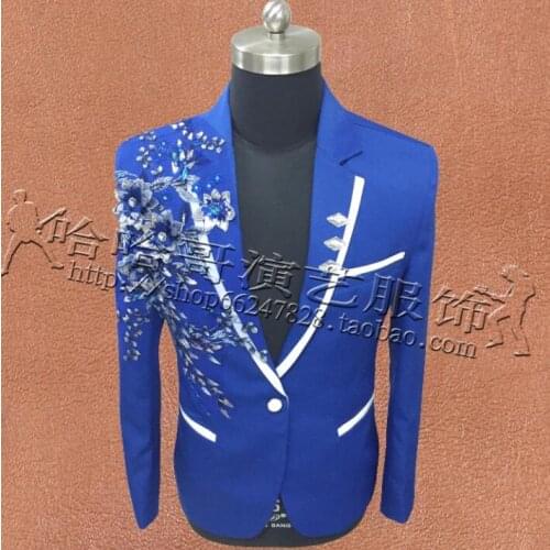 Singer Star Style Dance Stage Clothing Men Groom Suit Sequins Blazers Mens Wedding Suits Costume Man Formal Dress Blue White