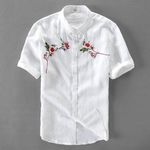 2017 New linen shirt men embroidery flax men shirts short sleeve white shirt mens summer brand casual shirts male camisa 3XL