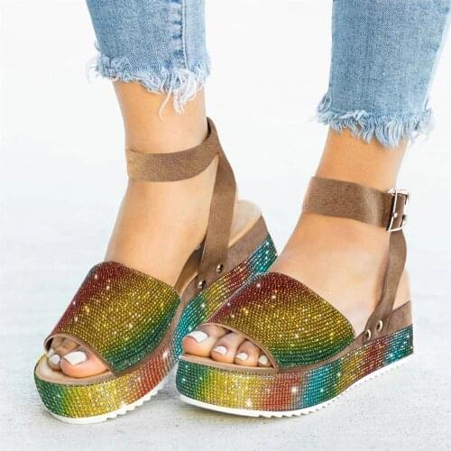 TELOTUNY Sandals Womens Summer Wedges Crystal Rhinestone Buckle Strap High Heels Sandals Outdoor Open Toe Platform Flip Flop2021