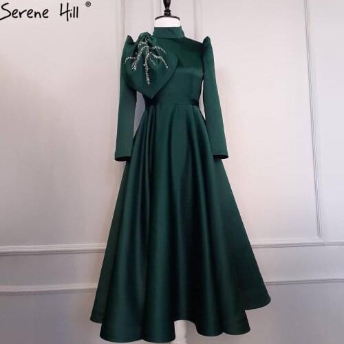 Serene Hill Muslim Green A-Line Evening Dresses Gowns 2021 Beading Satin For Women Wedding Party LA71115