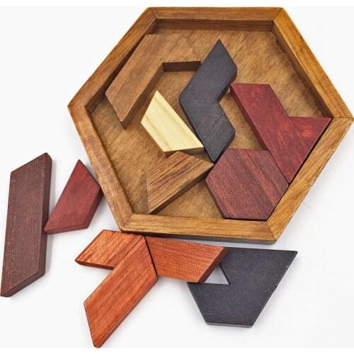 Hexagonal Wooden Puzzles IQ Game Educational Toys For Children Kids Adults Tangram Board IQ Brain Teaser Montessori Toys Gifts