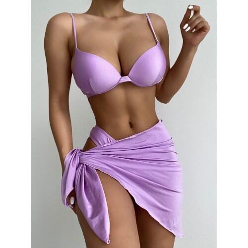 Sexy Solid Purple Bikini Set Women Push Up Underwire 3 Piece Swimsuit Beach Bathing Suit High Waist Skirt Swimwear Biquini 2021