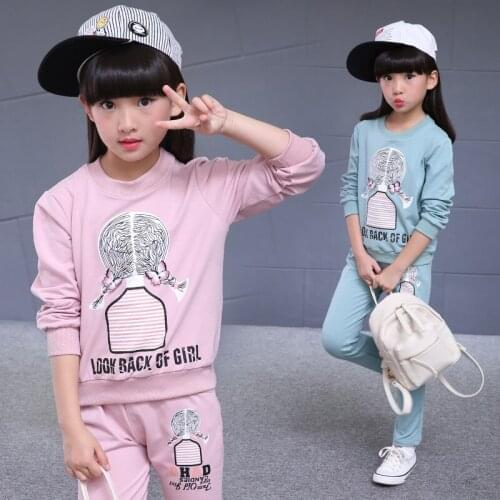 Children Sports Suit 2017 New Girls pink blue casual Sweatshirt Trousers Two piece Sets 4-12 Ages