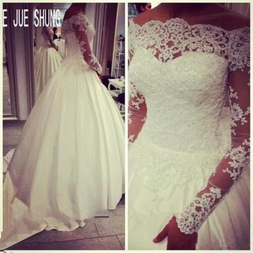 E JUE SHUNG White Beading Lace Ball Gown Wedding Dresses Off Shoulder Long Sleeves Lace Up Back Bridal Gowns Vestido De Noiva