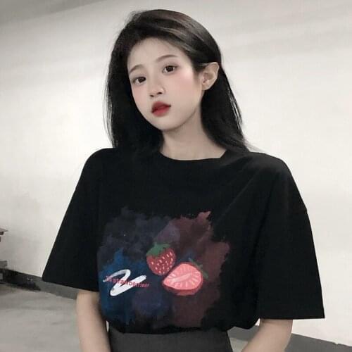 Tops Round Neck Watercolor Strawberry Print Short-sleeved Top Womens Summer New Style Korean Loose Thin T-shirt