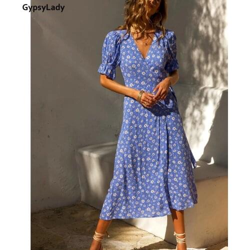 GypsyLady Vintage Floral Midi Dress Orange Blue Casual Summer Women Dress Puff Sleeve Boho Holiday Beach Ladies Female Dress New