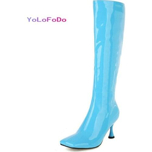 2021 Autumn Winter Women Knee High Boots Patent PU Leather Candy Colors Womens Boots Thin High Heel Square Toe Boots for Female