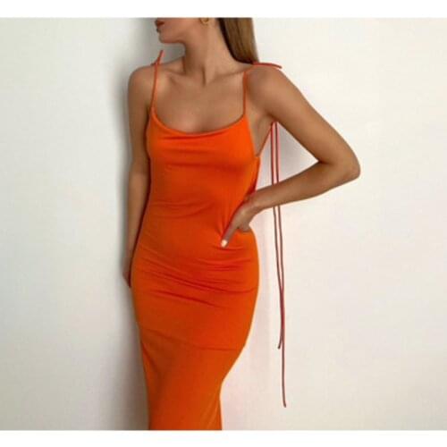 2021 Summer Womens New Solid Color Backless Spaghetti Strap Sexy Women Long Dress Fashion Sleeveless Bandage Skinny Party Club