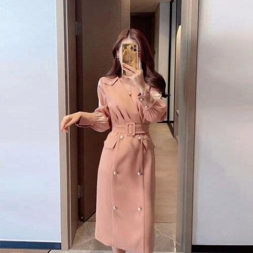 Women 2021 Spring Autumn Long Sleeve Dresses Female Double-breasted Vestidos Mujer Lady Elegant Sashes Vintage Midi Dress Y198