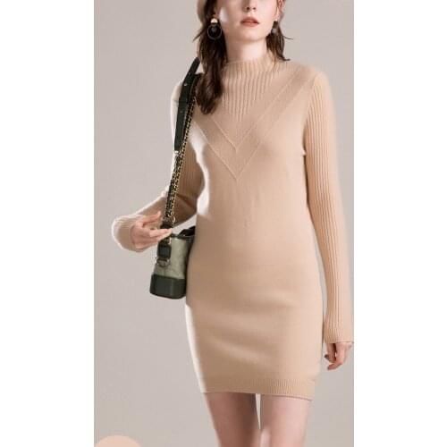 100% goat cashmere knit women fashion mid long bottoming slim pullover sweater hip skirt half high collar S/2XL