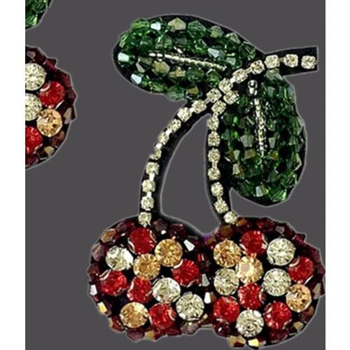 3D Handmade Rhinestone beaded Patches fruit Cherry Sew on sequin patch for clothing beading Applique cute patch 5Pcs DIY Apparel