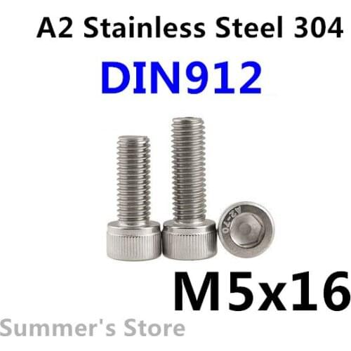 50pcs/lot DIN912 M5 Stainless Steel screw Hex Socket Head Cap Screw M5*16mm screw bolt